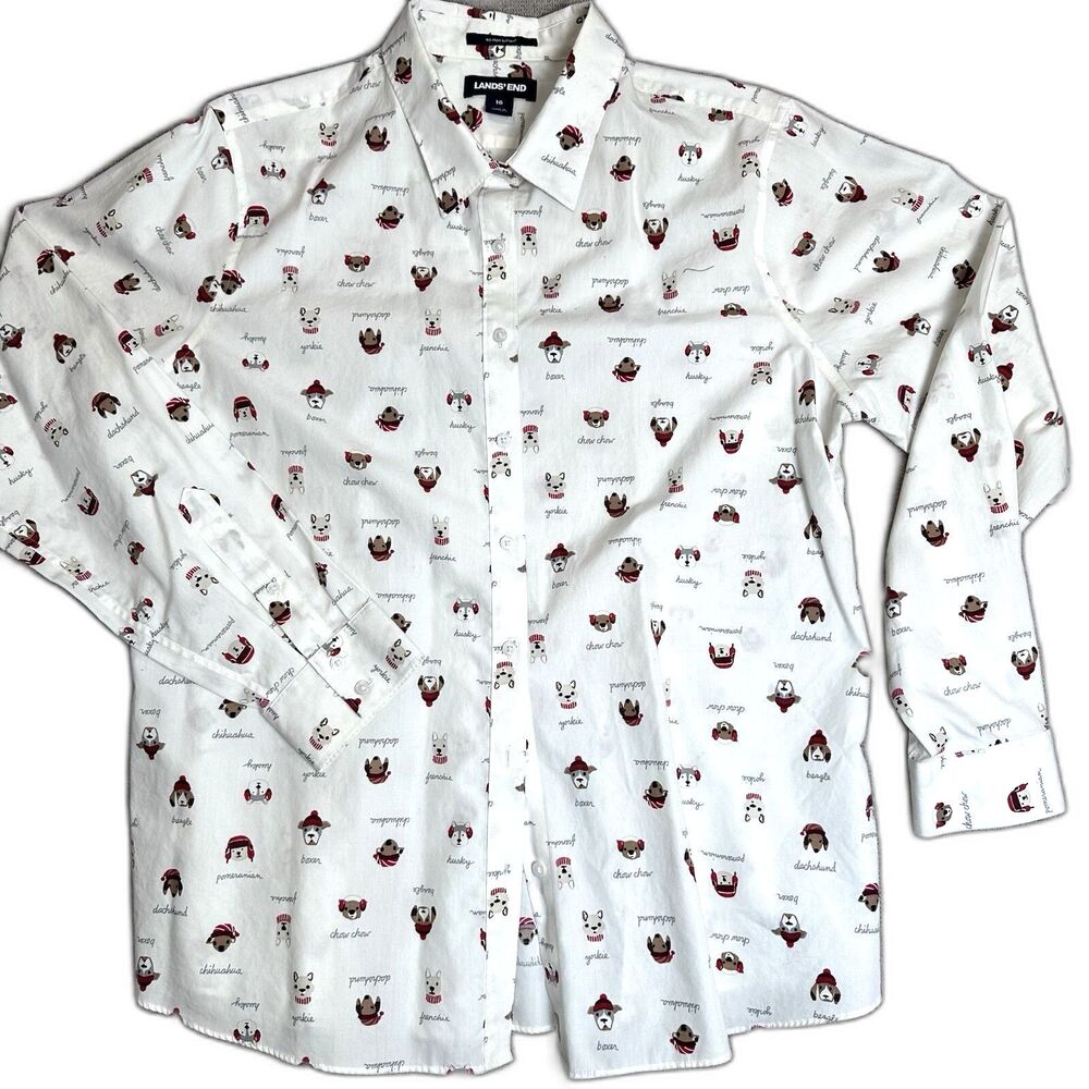 Land’s End Dog Print Boys 16 Button Down Shirt  Cotton Dog Puppies Winter Hats